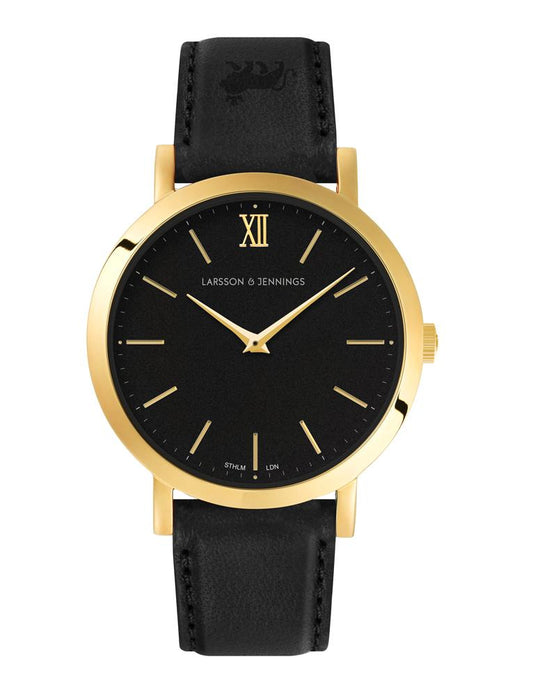 Lugano Black Leather 33mm Gold Black