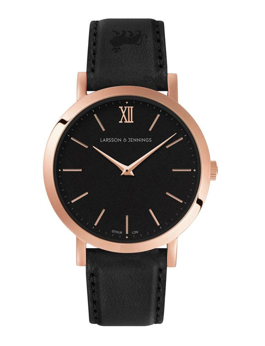 Lugano Black Leather 33mm Rose Gold Black