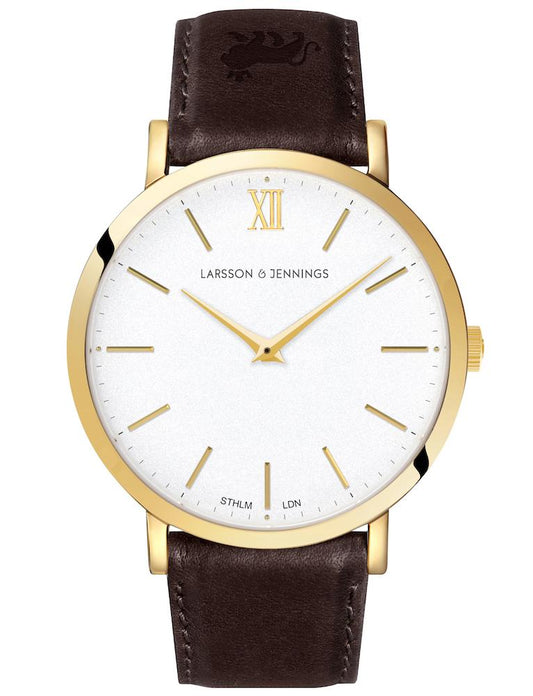 Lugano Brown Leather 40mm Gold Satin-White