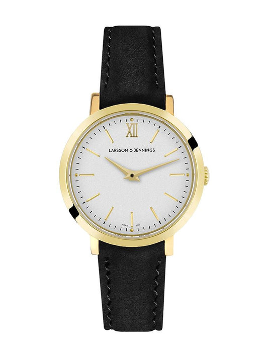 Lugano Black Leather 26mm Gold Satin White