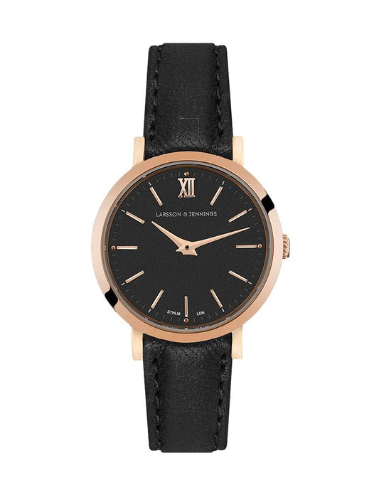 Lugano Black Leather 26mm Rose Gold Black