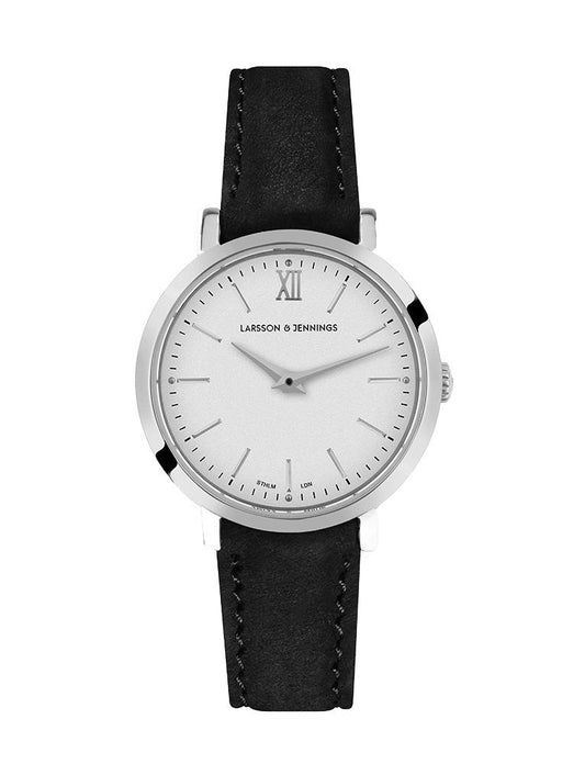 Lugano Black Leather 26mm Silver Satin White