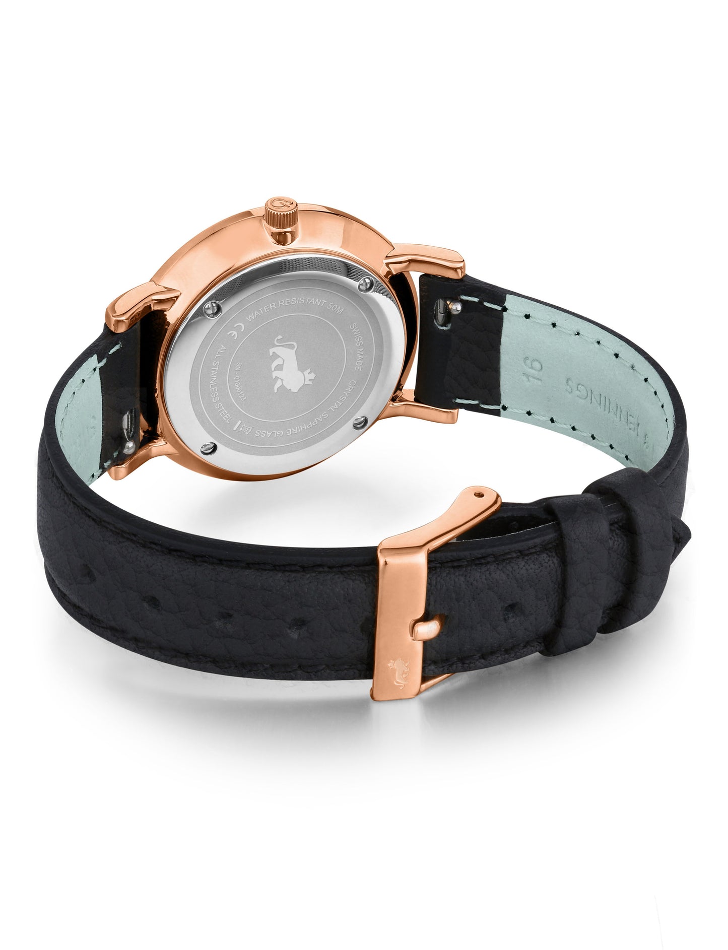 Jette Lugano Leather 33mm Rose Gold Black